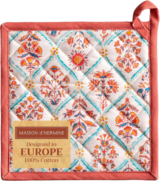 Maison d' Hermine Pot Holders 100% Cotton Heat Resistant Potholders 8" x 8" Hot Pads with Loop BBQ, Cooking, Baking, Grilling, Kitchen, Handling Hot Pans (Pack of 1, Romane)