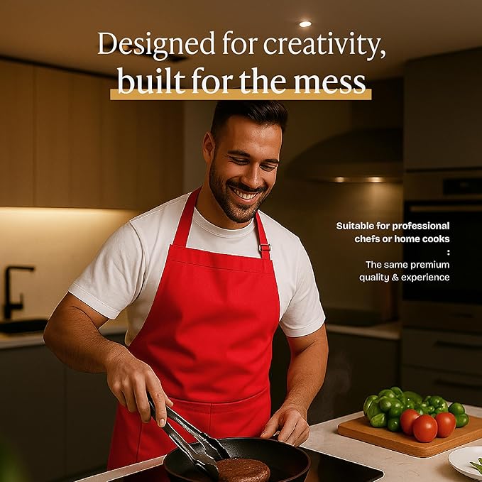 Will Well Kitchen Apron for Men and Women - 33" x 27" Oil-and-Water-Resistant with Adjustable Neck Strap and 38" Waist Ties for a Snug Fit, Lightweight with 2 Front Pockets - 1-Pack, Red