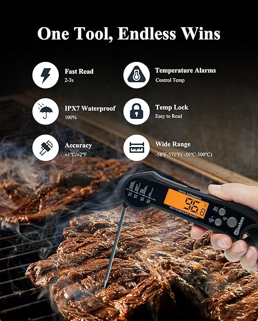 Wisebee 2-in-1 Meat Thermometer, Digital Instant Read Food Kitchen Thermometer with Dual Probes | Waterproof | Alarm Set | Calibration | Backlit | Hold Function for Cooking (Black)