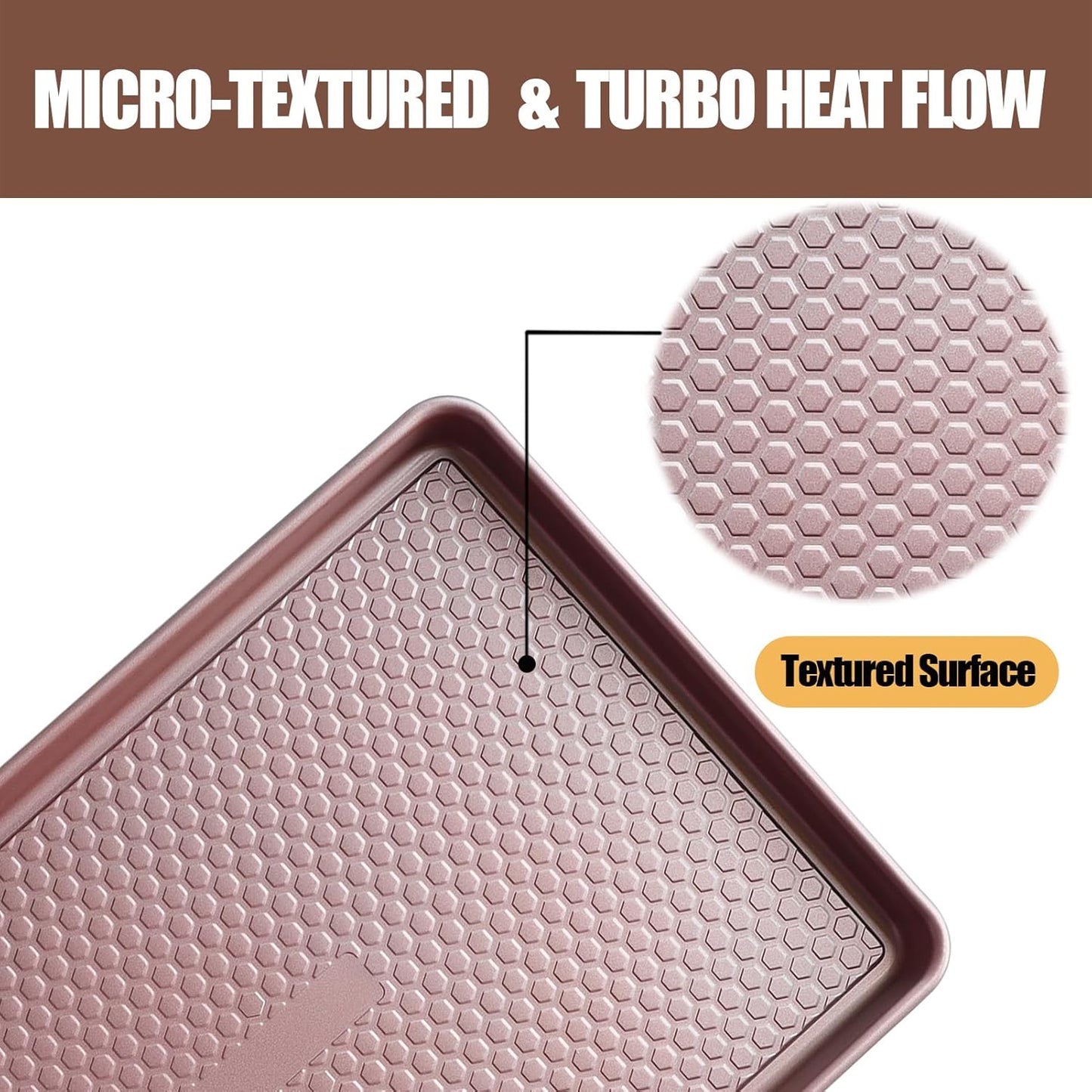 Large Baking Sheet Set (2 Pack) - Half Sheet Pan 17.7x12.2 Inch, 0.8mm Heavy Duty Carbon Steel, Nonstick & Warp Resistant Cookie Sheet for Baking, Roasting, Texture Pattern/Rose Gold