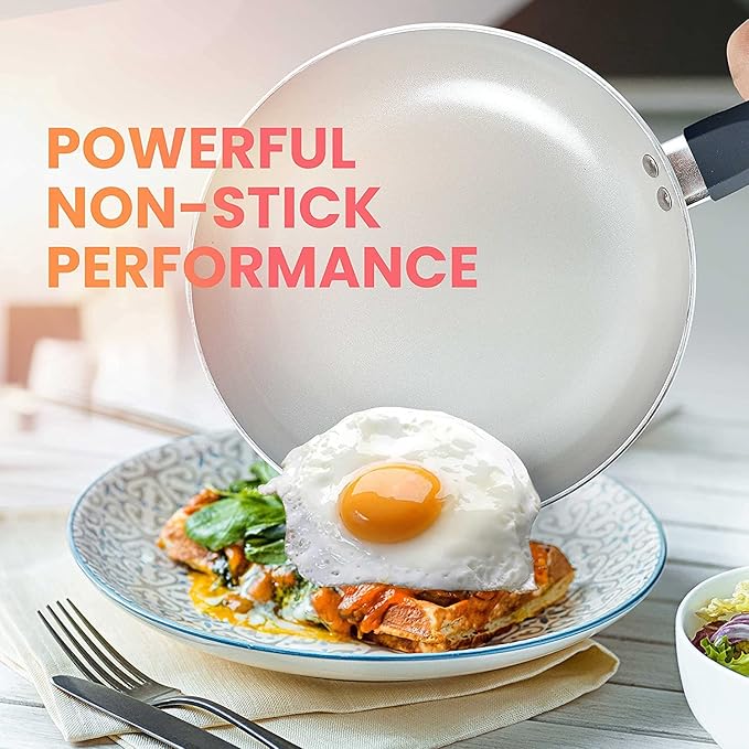 Mueller 16-Piece Nonstick Stone Cookware Set - PFOS/PFOA-Free, Stainless Steamer and Fry Pan, Vented Lids - Light Grey