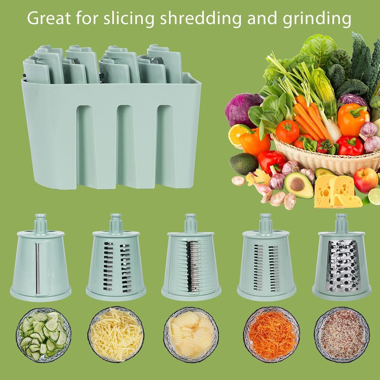 Rotary Cheese Grater,Multifunction 5 In 1 Chopper Vegetable Cutter Slicer, Round Mandoline Drum Slicer,Cheese Shredder,Grater With Handle,Easy to Clean Kitchen Gadgets with Storage Box