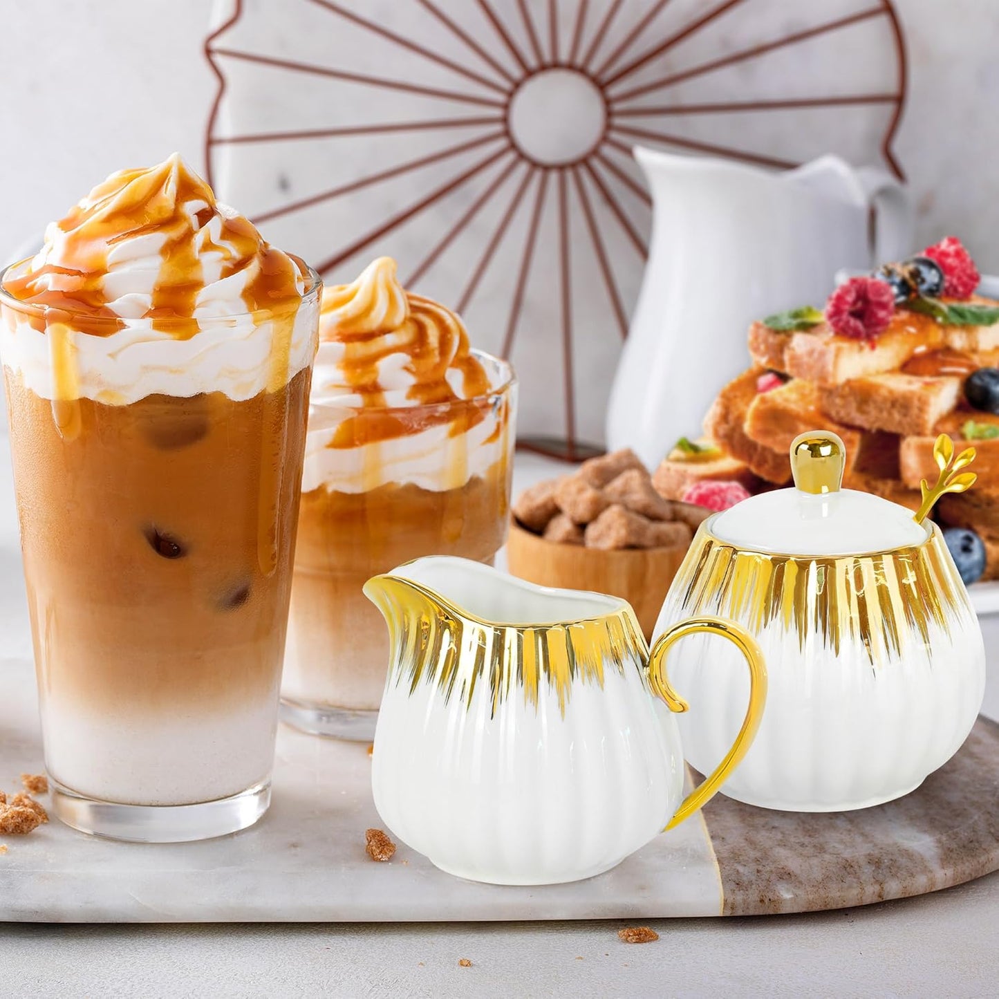 Ceramic Sugar and Creamer Set, Cream Pitcher Sugar Bowl with Lid and Spoon, Sugar and Creamer Container for Coffee Bar (3)