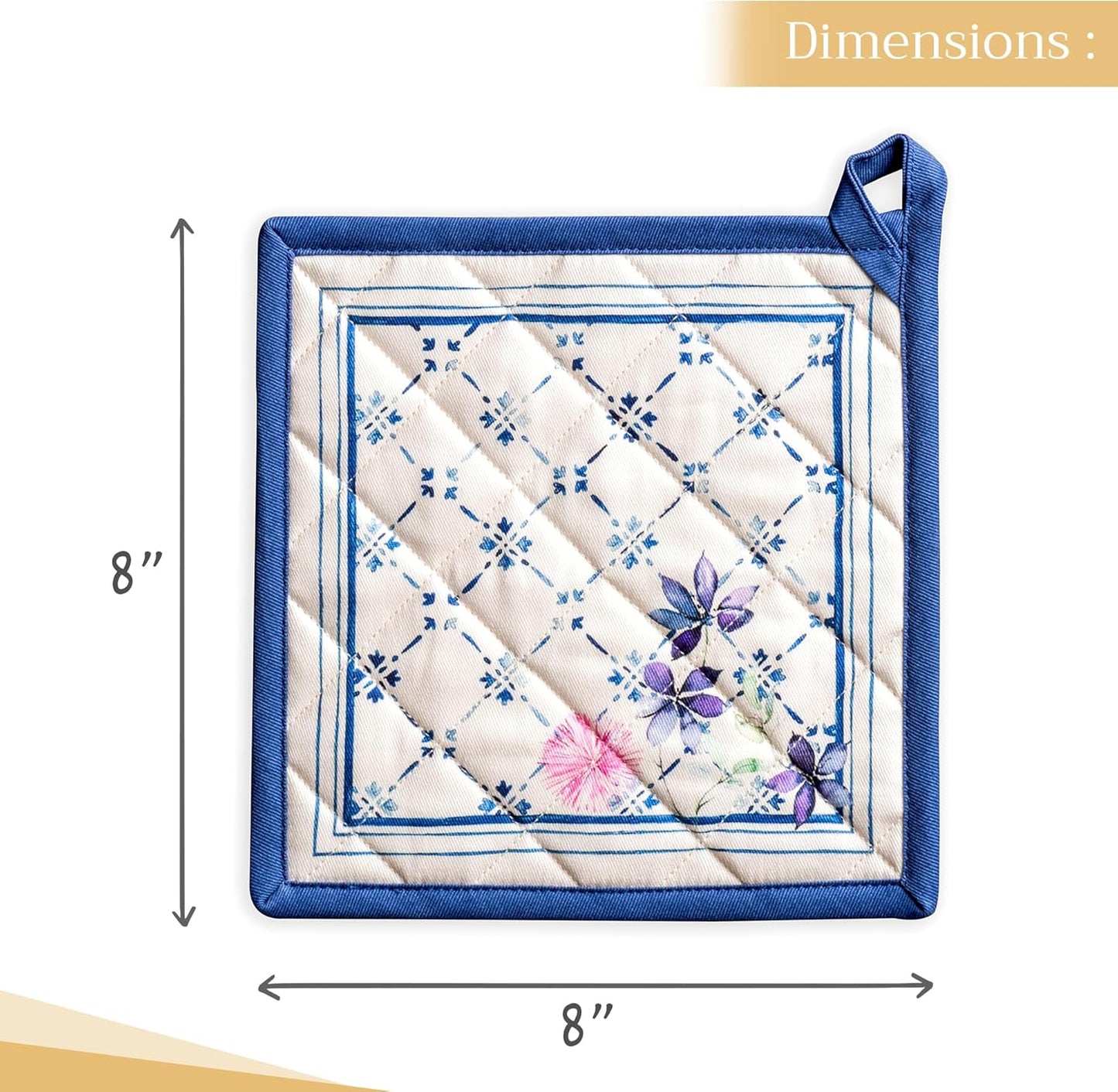 Maison d' Hermine Pot Holders 100% Cotton Heat Resistant Potholders 8" x 8" Hot Pads with Loop BBQ, Cooking, Baking, Grilling, Kitchen, Handling Hot Pans Spring/Summer (Pack of 1, Faience)