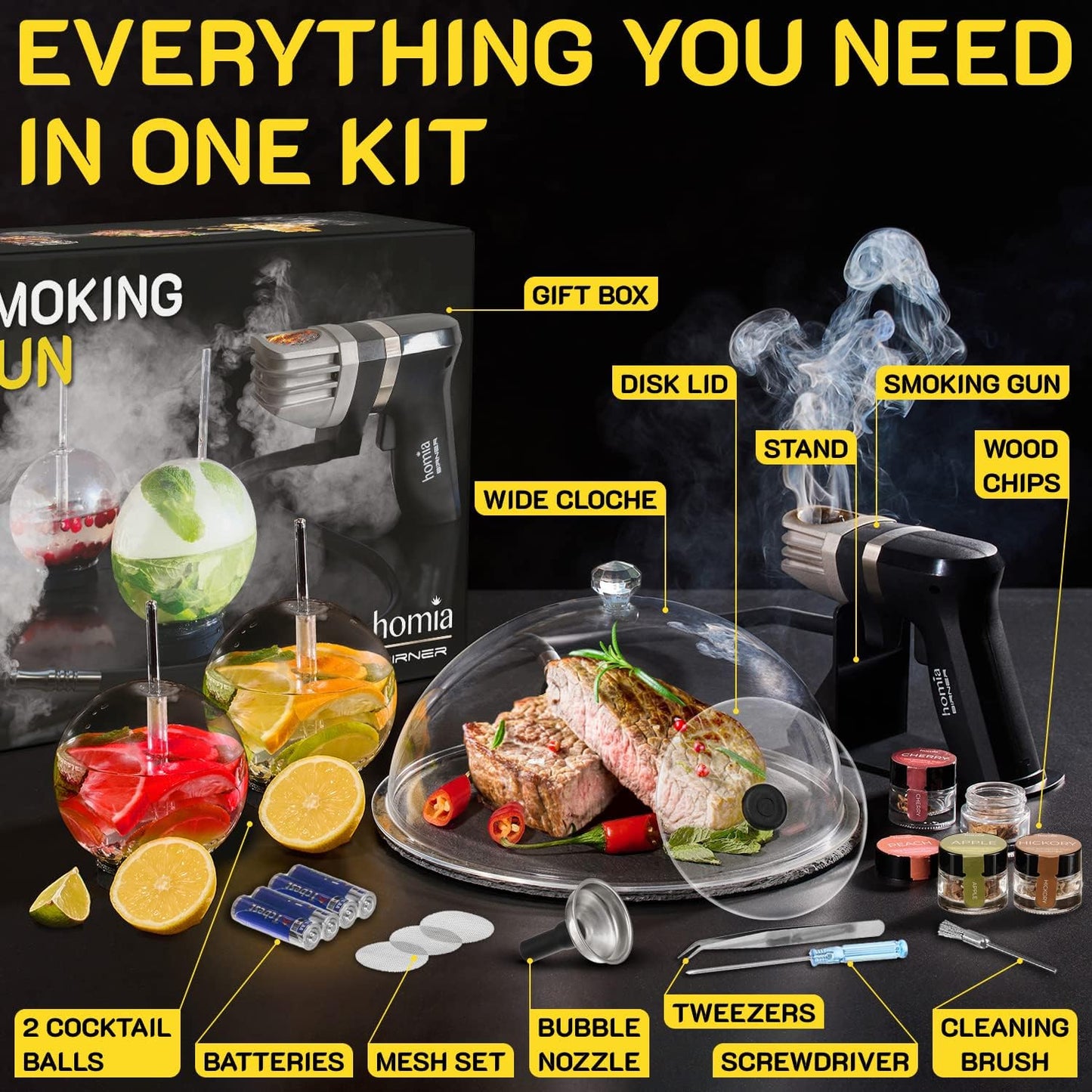 Cocktail Smoker Kit - Whiskey Smoker Kit - Smoke Infuser Birner PRO - Premium Kit, 13 PCS, with Accessories and Wood Chips - Cold Smoke for Food and Drinks - Gift for Men