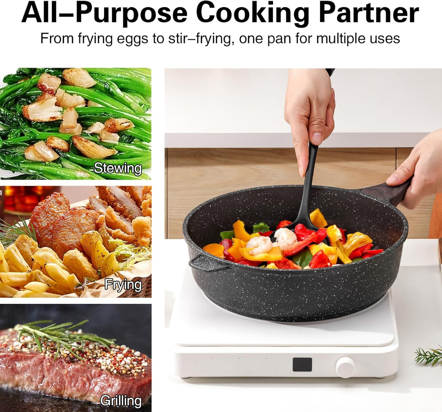 Nonstick Deep Frying Pan with Lid, 10 Inch Non Stick Skillet, Saute Pan for Cooking, Healthy Induction Cookware, PFOA Free