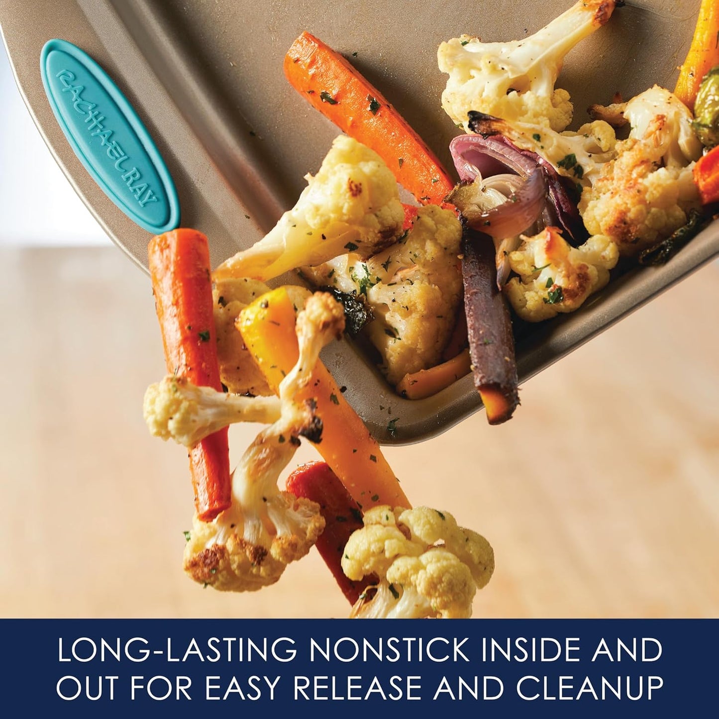 Rachael Ray Cucina Bakeware Set Includes Nonstick Bread Baking Cookie Sheet and Cake Pans, 5 Piece, Latte Brown with Agave Blue Grips