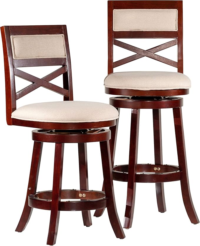 DTY Indoor Living Meeker X Back Fabric Swivel Stool, 30" Bar Height, Cherry Finish, Beige Fabric Seat
