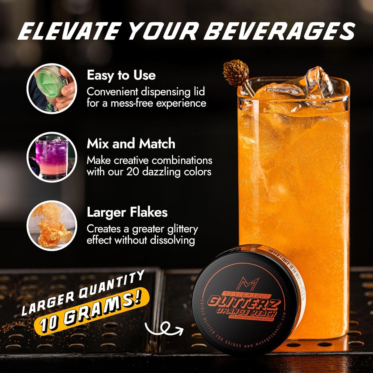 MONÉGASQUE Orange Edible Glitter for Drinks 10g – Edible Glitter for Cakes & Cocktails – Orange Cupcakes & Halloween Cake Decorations Spray Sprinkles – Drink Shimmer Powder for Cocktail Sparkles