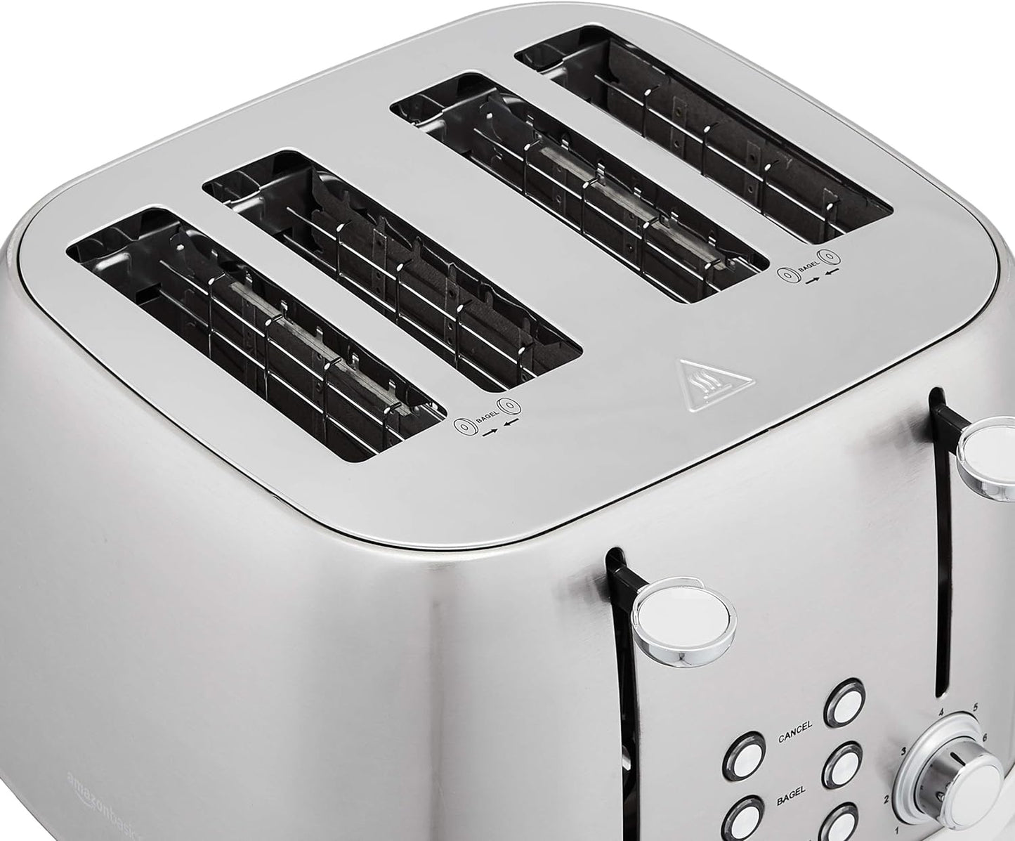 Amazon Basics 4 Slice Toaster with 6 Browning Settings, Removable Easy-to-Clean Crumb Tray, Cancel Button, 1600W, Brushed Silver