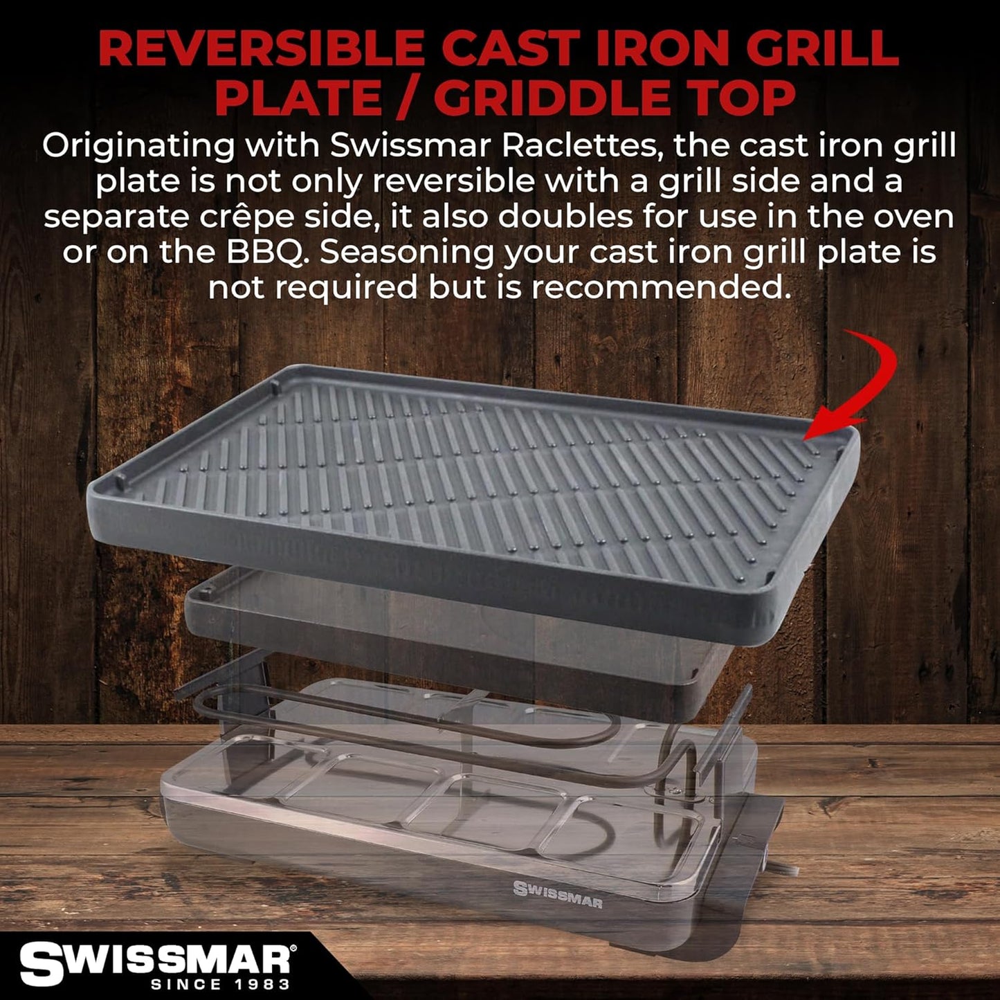 Swissmar Classic 8-Person Raclette Party Grill - Indoor Electric Grill & Griller with Reversible Cast Iron Grill Plate/Crepe Top - Anthracite Black