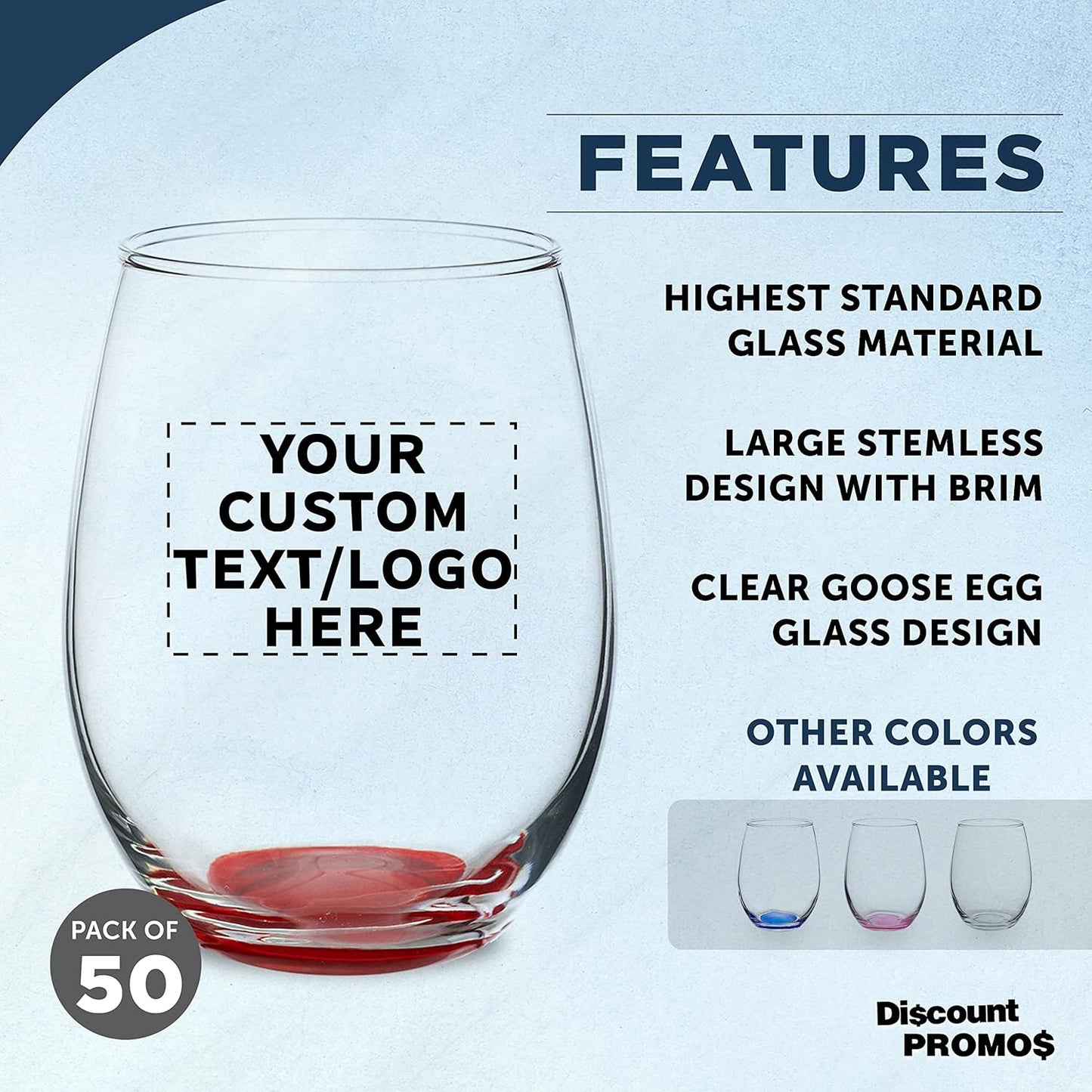 Custom Stemless Wine Glasses in Bulk by ARC Perfection, 15 oz, 50 pack, Personalized Text, Logo, Red or White Wine Glass Set, Red