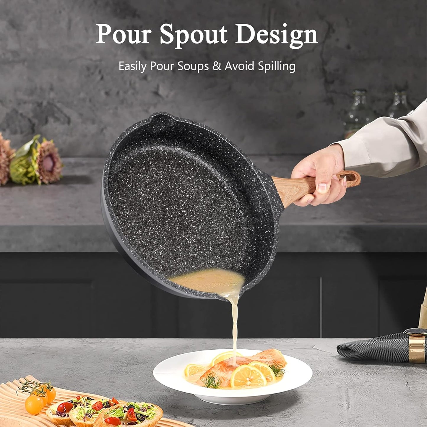 Non Stick Frying Pan Set with Lids, Granite Skillet Set, Egg Omelette Pans for Cooking Pan Set, No Toxic Kitchen Cookware Set Compatible with All Stovetops (Gas & Induction), PFOA Free, Gift