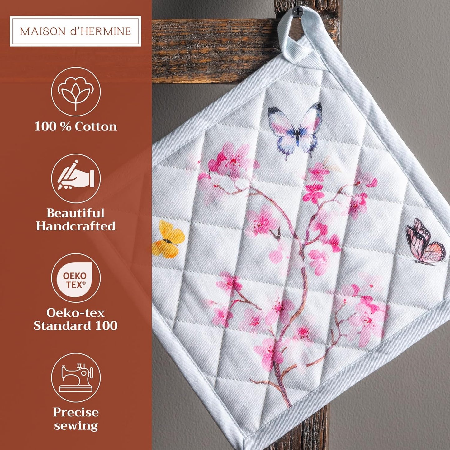 Maison d' Hermine Pot Holders 100% Cotton Heat Resistant Potholders 8" x 8" Hot Pads with Loop BBQ, Cooking, Baking, Grilling, Kitchen, Handling Hot Pans Spring/Summer (Pack of 1, Blossoms in Spring)