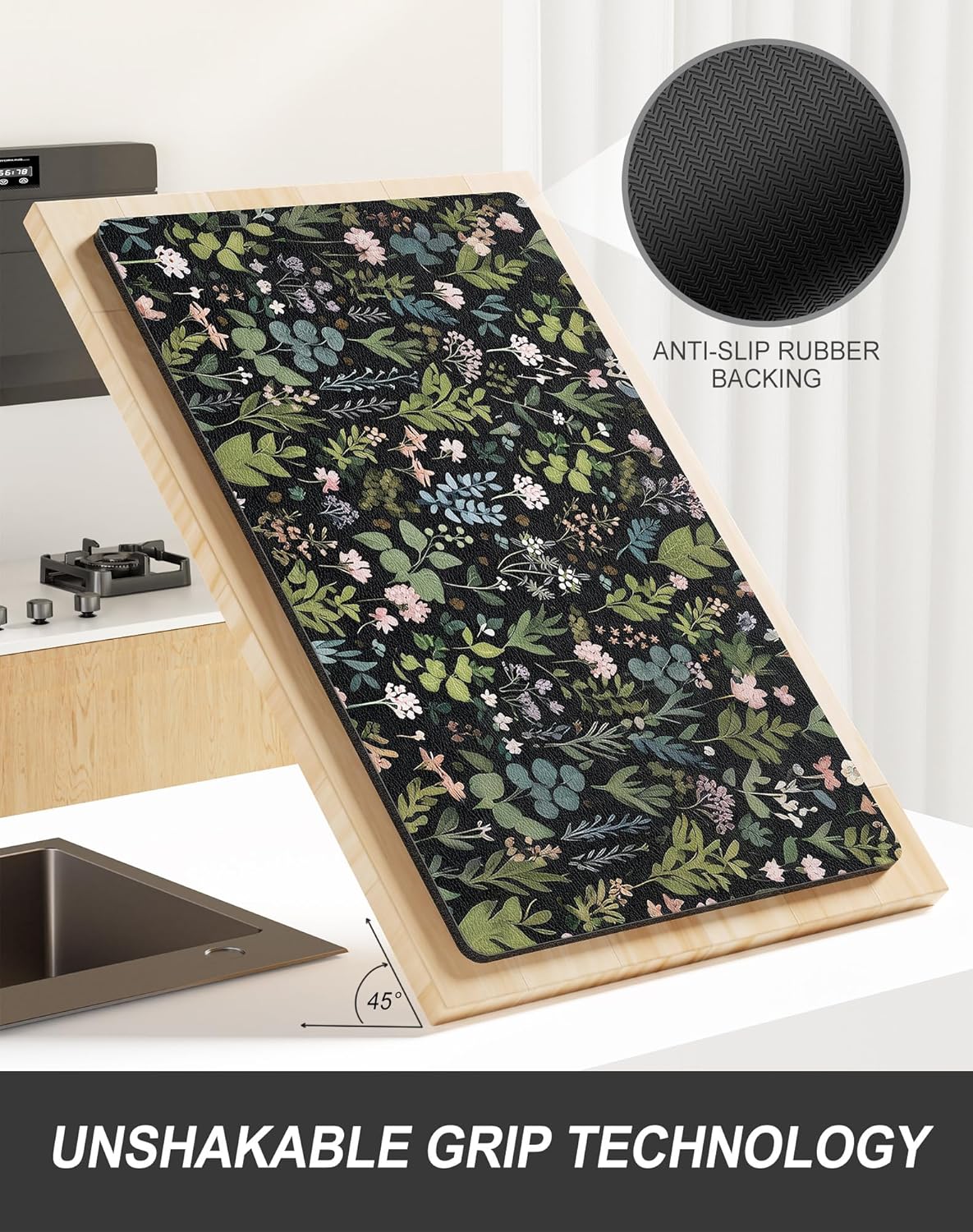 Rnivvi Dish Drying Mat for Kitchen Counter, 12 x 19" Cute Flower Theme Super Absorbent Draining Pad, Non-Slip Heat Resistant Coffee Bar Mat for Coffee Machine Station Accessories, Black Dish Rack Pad