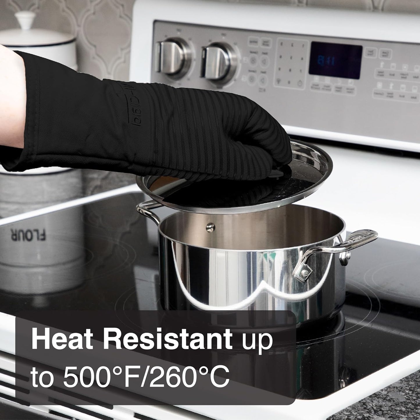 All Clad Silicone Oven Mitt: Heat Resistant up to 500 Degrees - 100% Cotton & Silicone, 14"x7" Oven Mitt for Kitchen and Barbeque, 1-Pack, Black