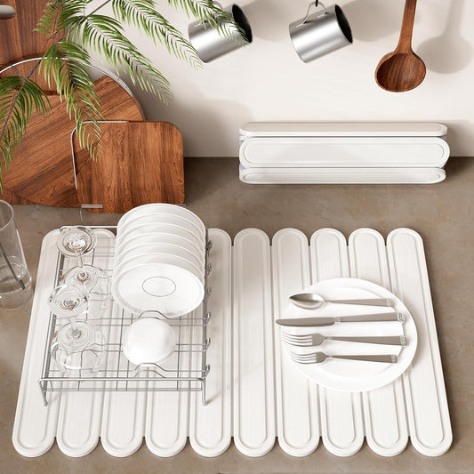 Stone Dish Drying Mat for Kitchen Counter, Quick Dry Stone Mat Kitchen for Dishes Bottles Cups, Large Foldable Diatomaceous Earth Dish Drying Mats Match Any Countertop, White
