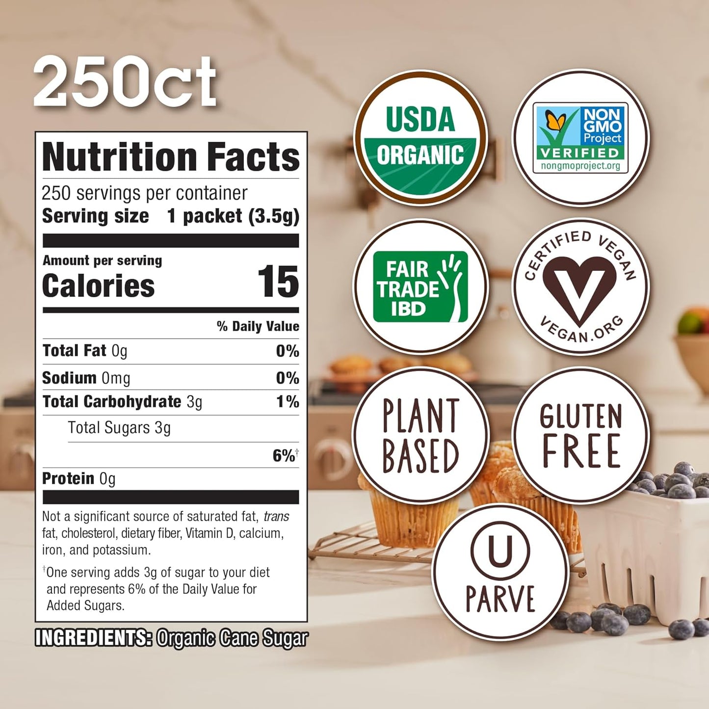 Sugar In The Raw Organic Granulated White Premium Cane Sugar, No Added Flavors or erythritol, Pure Natural Sweetener, Hot & Cold Drinks, Coffee, Tea Vegan, Gluten-Free, Non-GMO, Bulk Sugar, 250 ct packets (1-Pack)