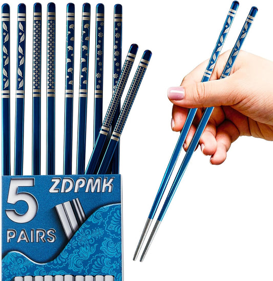 Metal Chopsticks Reusable 5 Pairs Stainless Steel Chopsticks Japanese Chinese Korean Metal Chop Sticks Dishwasher Safe Non Slip Cute Laser Engraved 9.25 Inch for Cooking Eating Gift Set