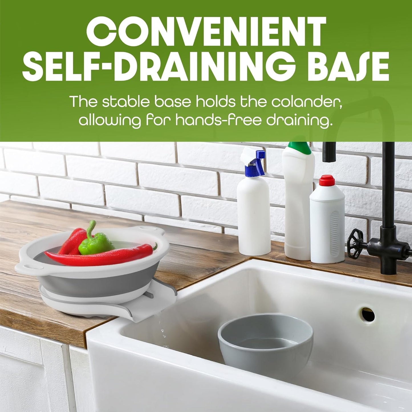 Collapsible Colanders (2 Pack Set) Food Strainers with Over-Sink Water Draining Base for Pasta Fruits and Vegetables (4 and 5 Quart) - White Gray