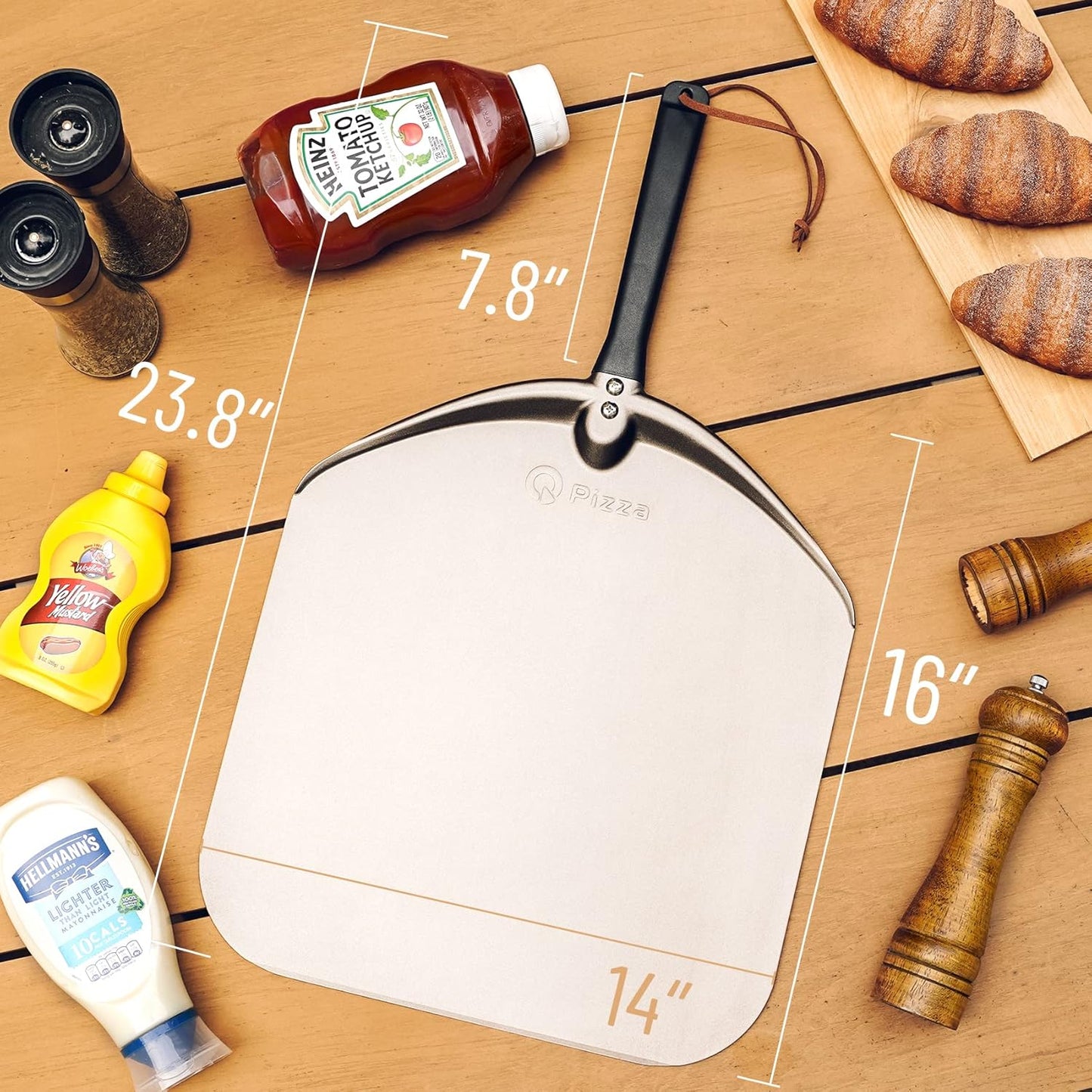 Q Pizza Aluminium Pizza Peel 14 inch, Extra Large Metal Pizza Turning Paddle, Non-stick Pizza Spatula for Grill Oven Baking Bread Pastry Dough Pie Cake, PT205