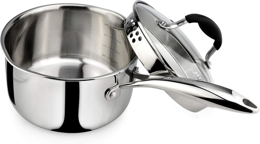 AVACRAFT Tri-Ply Stainless Steel Saucepan with Glass Strainer Lid, Two Side Spouts, Ergonomic Handle, Multipurpose Sauce Pan with Lid, Sauce Pot, Cooking Pot (Tri-Ply Full Body, 2.5 Quart)
