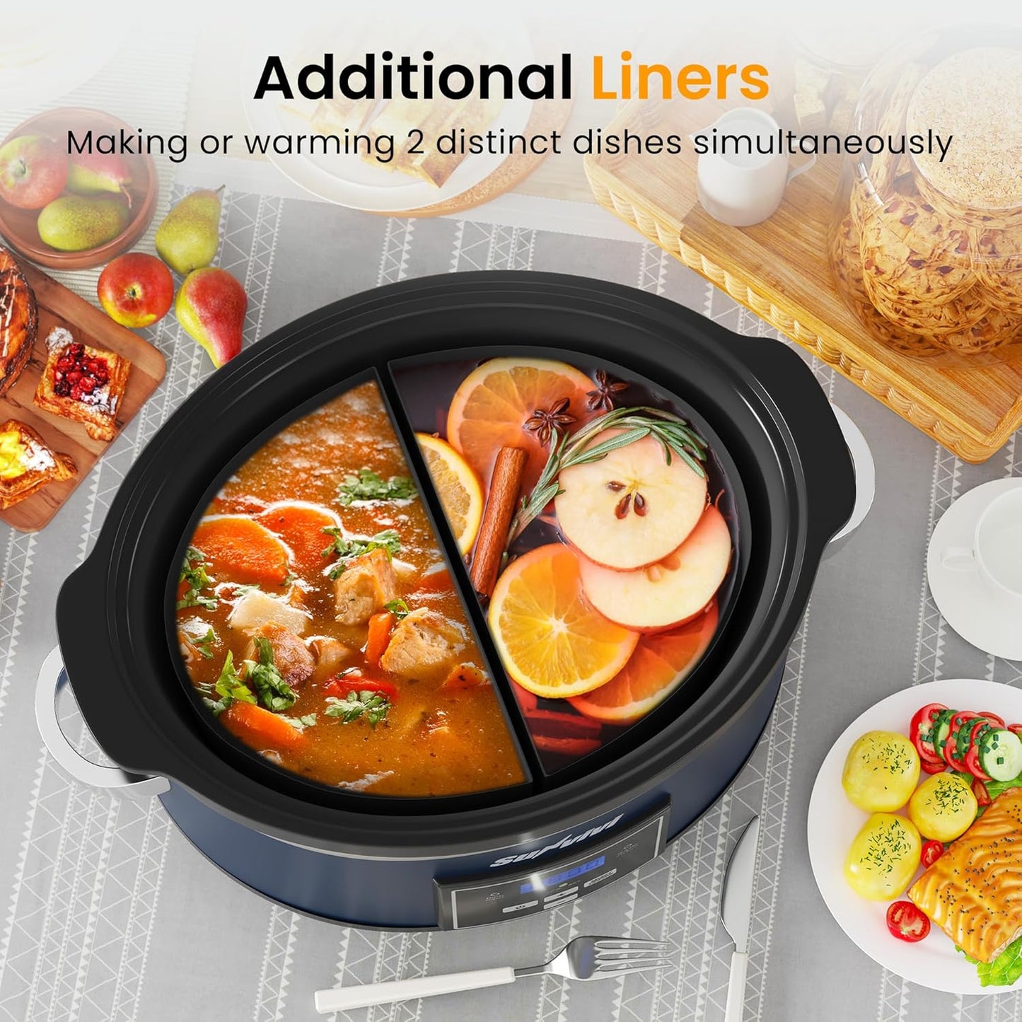 Sunvivi 6 Quart Programmable Slow Cooker with 2 in 1 Silicone Liners, Multi-Cooker Food Warmer with Digital Timer, Adjustable Tempature Control, Dishwasher Safe Parts, Blue