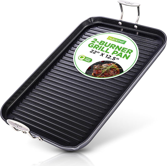 NutriChef 20"x13" Stove Top Grill Pan - Double Burner, Hard-Anodized Non stick Grill & Griddle Pan
