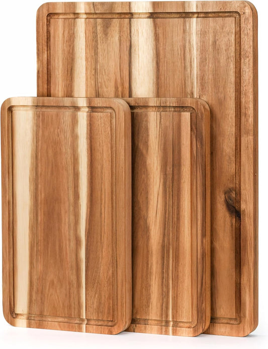 VieWood Acacia Wood Cutting Board Set of 3 for Kitchen, Butcher Block Cutting Board with Juice Grooves, Wooden Tray for Charcuterie Cheese, Meat, Pre-oiled Chopping Board, Durable, Knife-Friendly