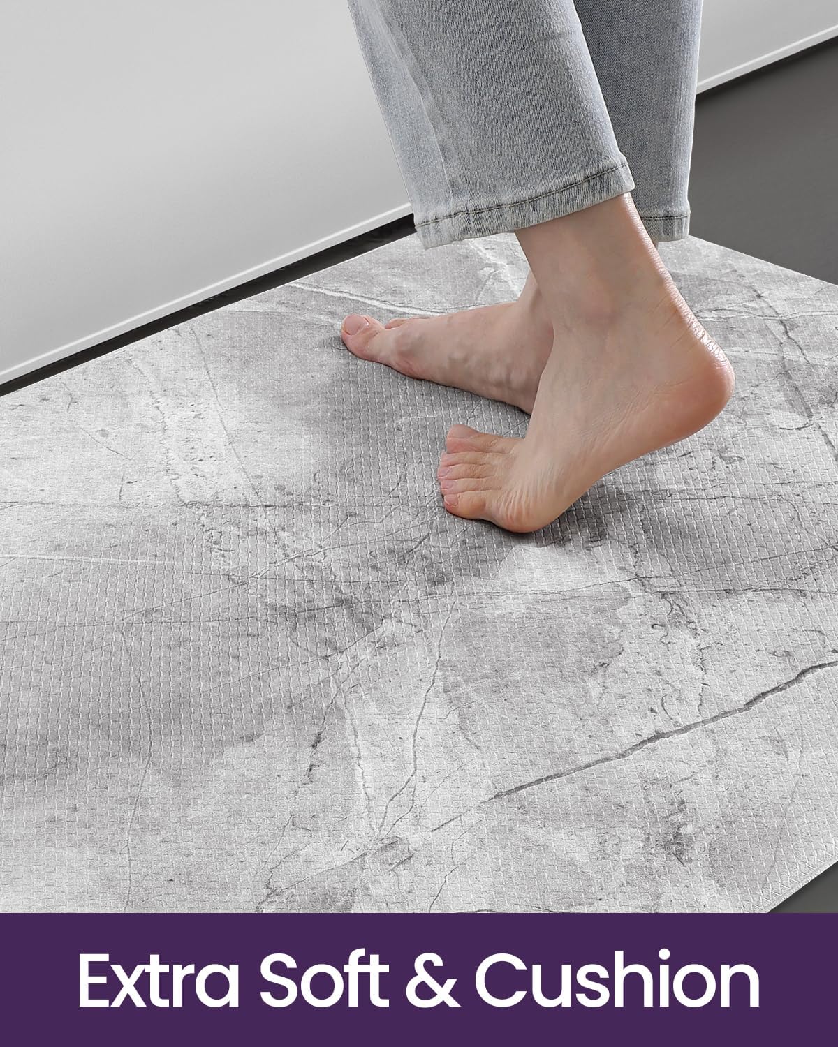 DEXI Kitchen Floor Mats Cushioned Anti Fatigue, 23x59 Large Wide Standing Comfort Runner Rug Waterproof, Marble Memory Foam Padded for Front Sink Laundry, Light Grey