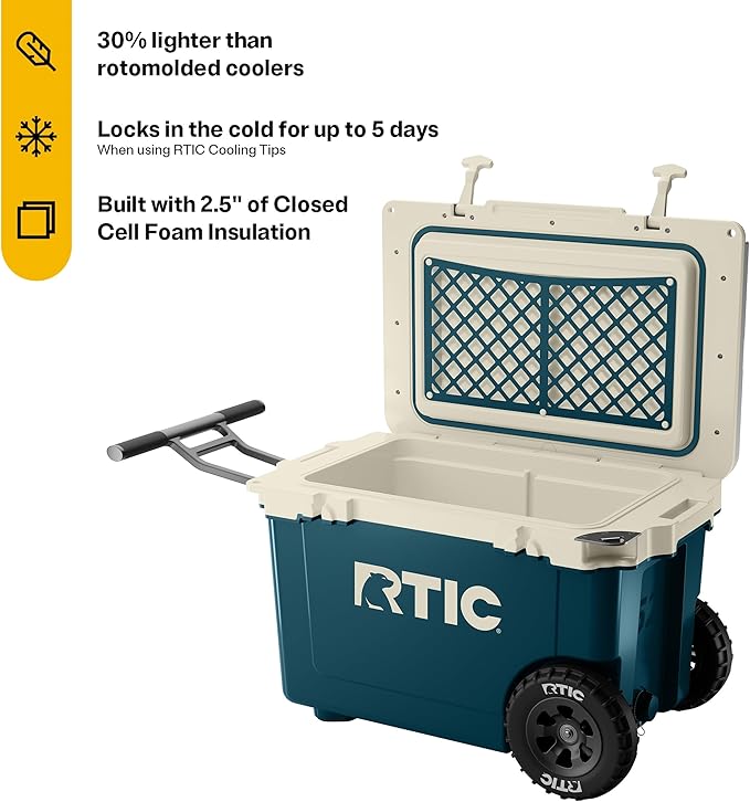 RTIC 52 Quart Ultra-Light Wheeled Hard Cooler Insulated Portable Ice Chest Box for Beach, Drink, Beverage, Camping, Picnic, Fishing, Boat, Barbecue, 30% Lighter Than Rotomolded Coolers