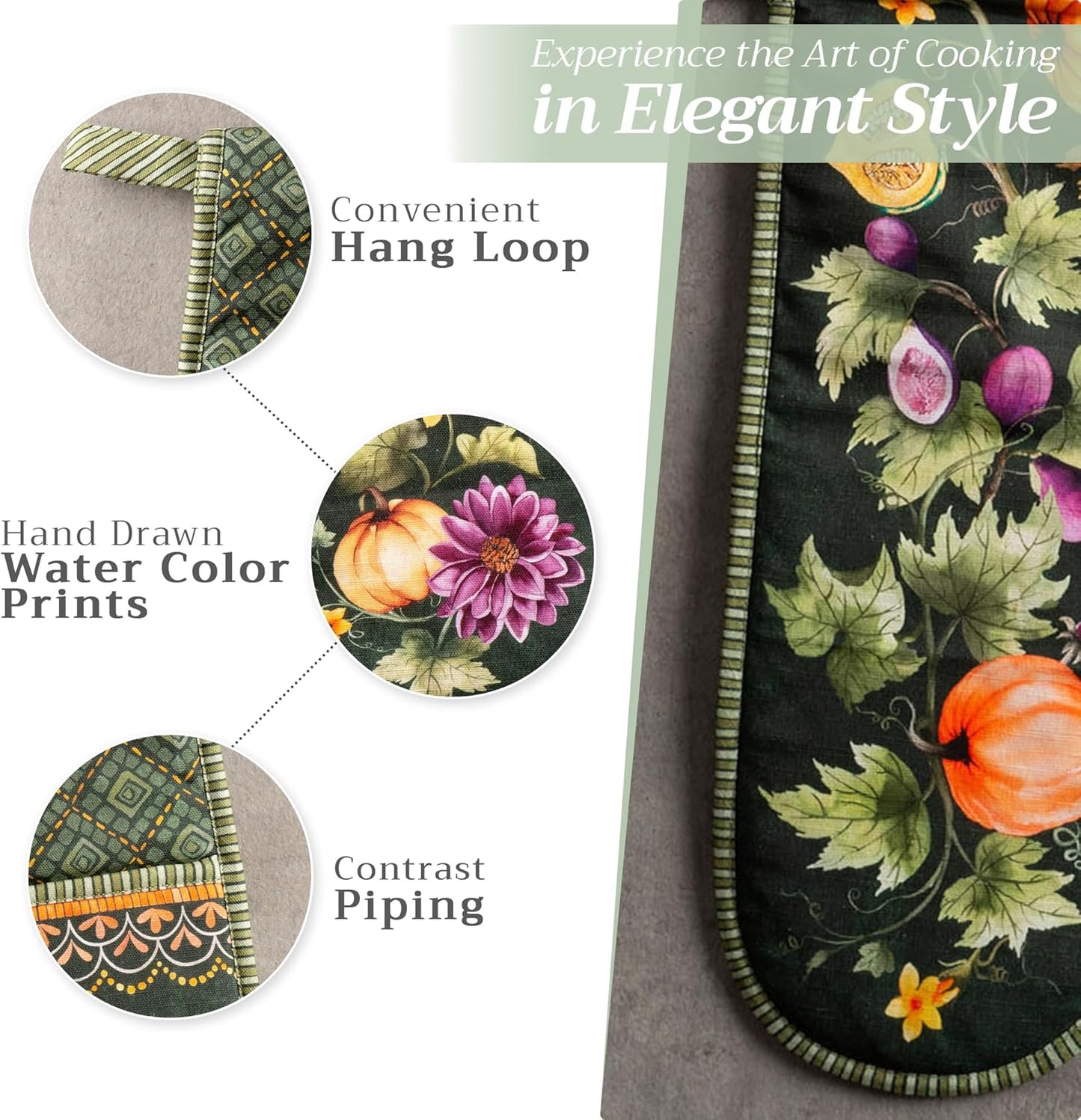 Maison d' Hermine Double Oven Mitts 100% Cotton 7"x35" Double Oven Mitt Heat Resistant BBQ Cooking Gloves with Loop, Baking, Grilling, Home, Kitchen, Handling Hot Pans (Pumpkin Garden - Dark Green)
