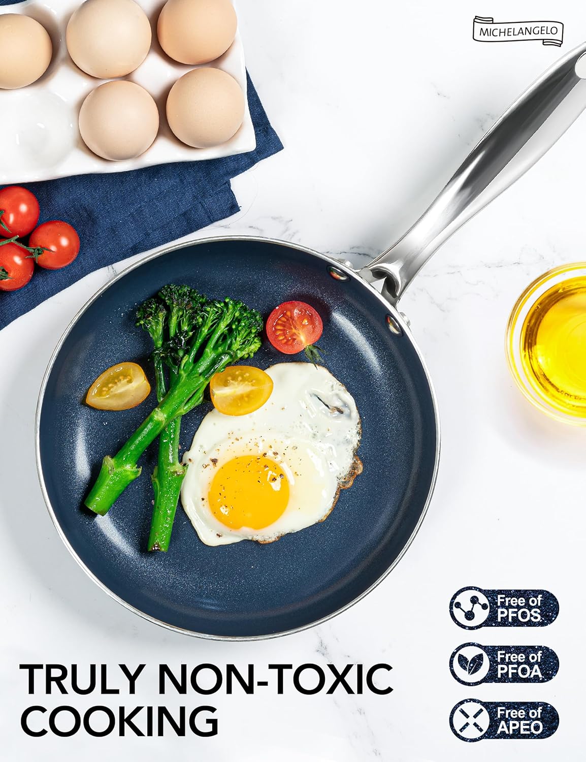 MICHELANGELO 10 Inch Frying Pan with Lid, Blue Frying Pan with Nonstick Diamond Infused Coating, Nonstick Frying Pans, Diamond Fry Pan Blue