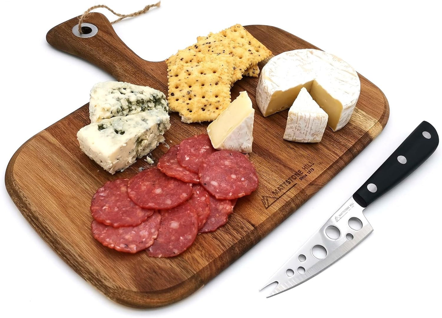 MATTSTONE HILL Acacia Cheese Knife & Board Set - Soft & Semi Hard Cheese Knife, Charcuterie Board, Wood Serving Platter