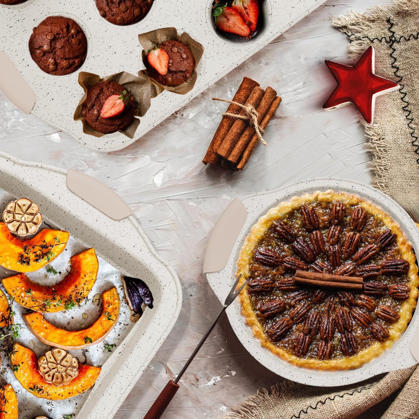 10-Piece Baking Pans Set Nonstick, Stackable Bakeware, Toxin-Free Baking Pans Set with Silicone Handles, Includes Cookie Sheets, Cake Pan, Loaf Pan, Pizza Pan, Muffin Pan, White&Khaki