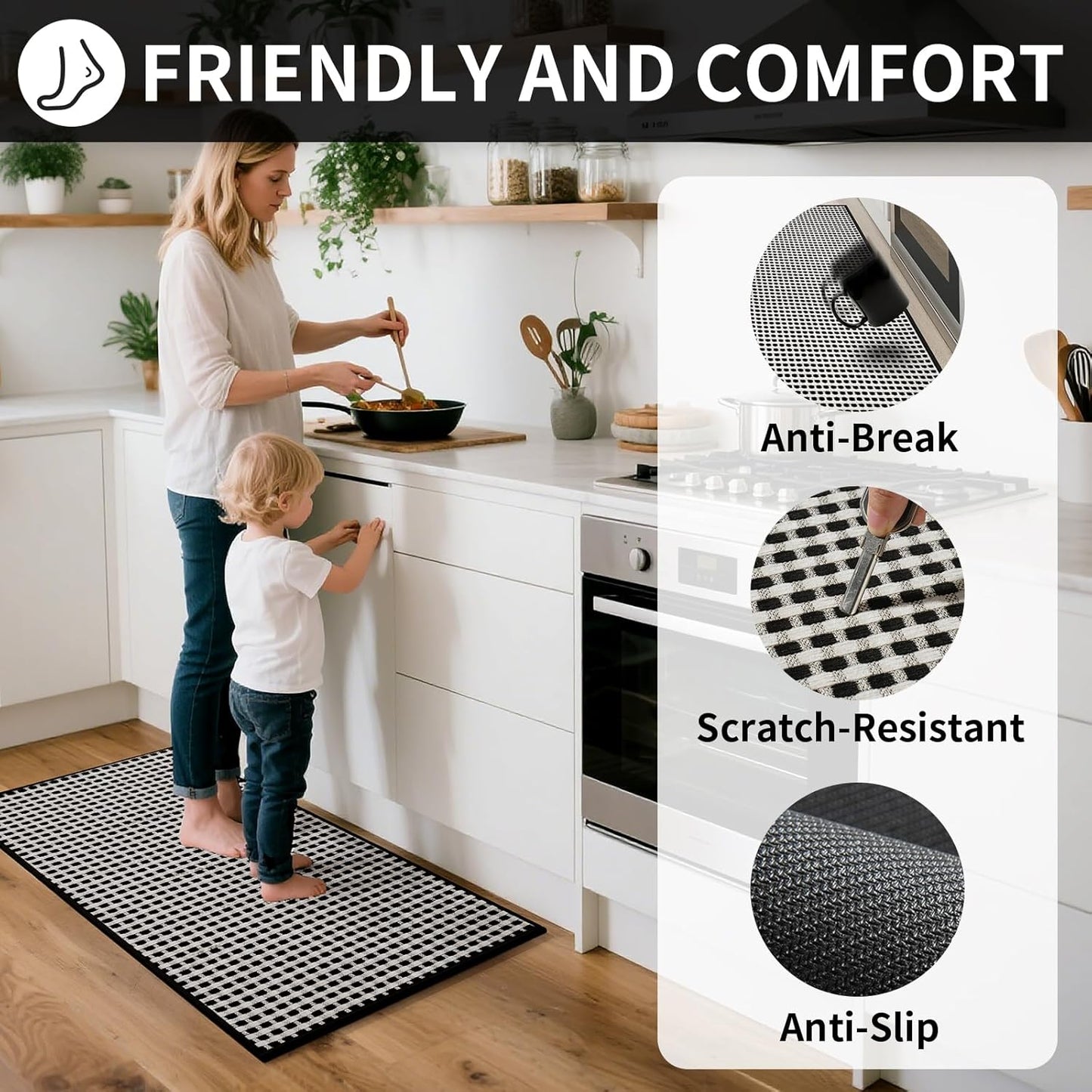 Kitchen Mat Kitchen Rugs Sets of 2 PCS Non Slip Washable, Super Absorbent Soft Braided Kitchen Mats for Floor, Rubber Backing Comfort Standing Kitchen Sink Mat Runner Rug, Black 17"x28"+17"x47"