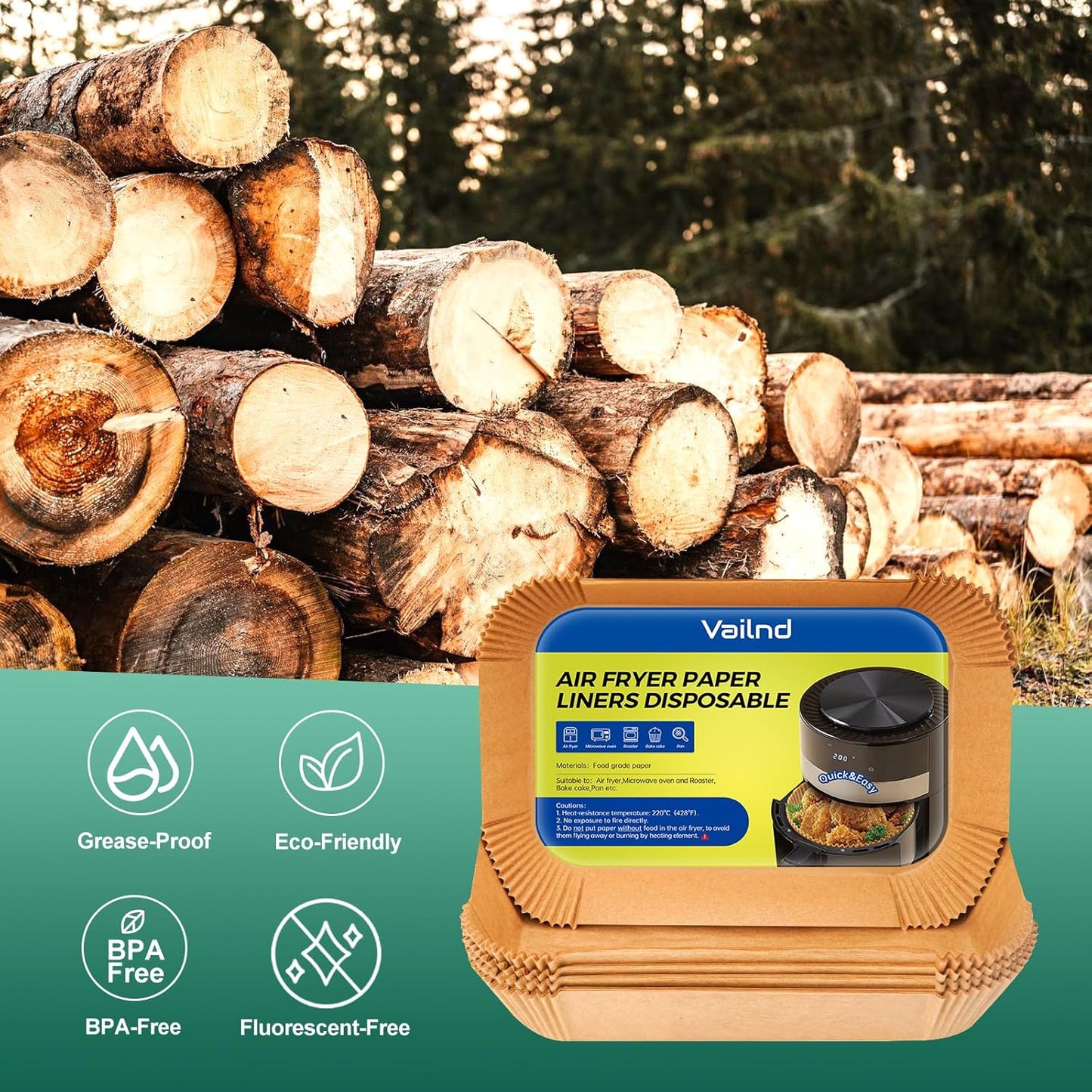 Vailnd Air Fryer Paper Liners Disposable - 50 PCS 8.6x5.5 Inch Rectangle Parchment Paper Sheets, Food Grade Baking Paper for Dual Basket Air Fryer, Oilproof, Waterproof