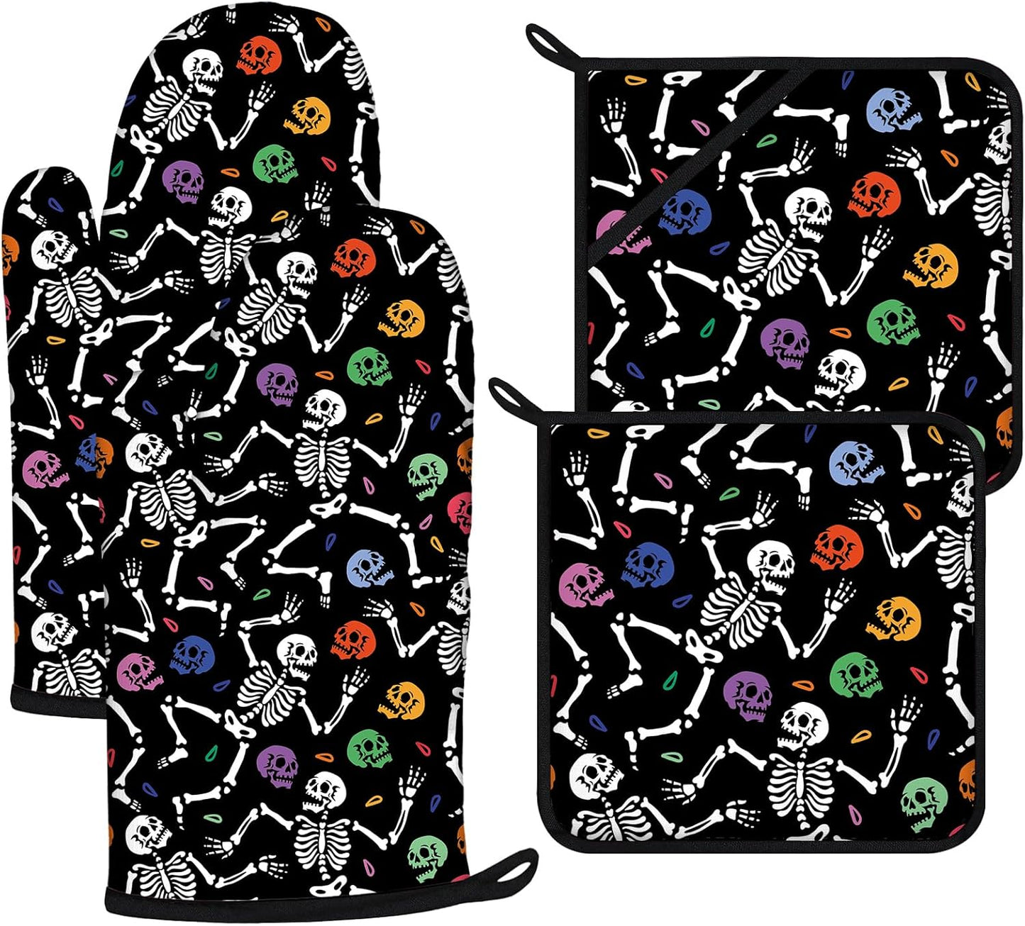 Skeleton Oven Mitts and Pot Holders Sets 4Pcs,Extra Long Oven Gloves Potholder for Kitchen Cooking Baking BBQ 100% Cotton Heat Resistant