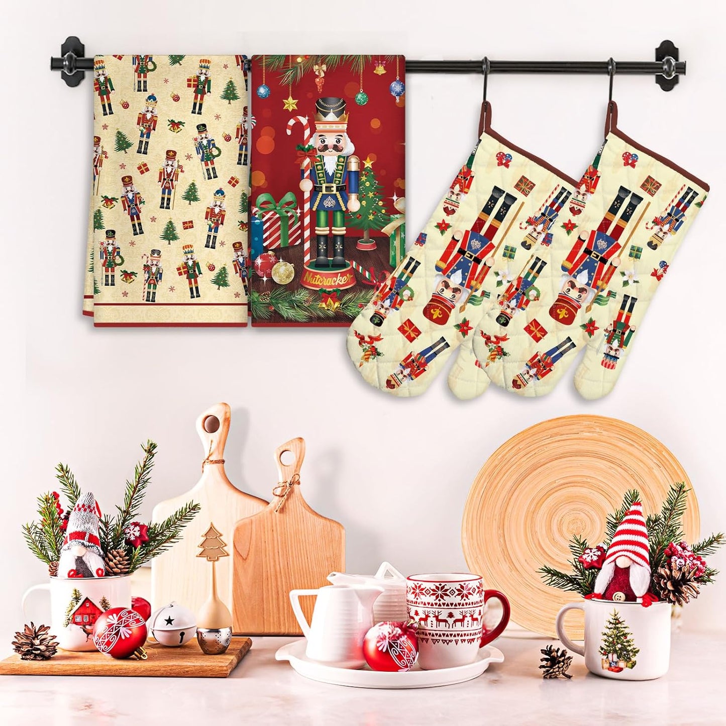 Christmas Nutcracker Kitchen Towels and Oven Mitts Set 4Pcs, Soft Absorbent Dish Cloth Heat Resistant Oven Gloves for Cooking Baking Kitchen Decoration, Gifts for Her