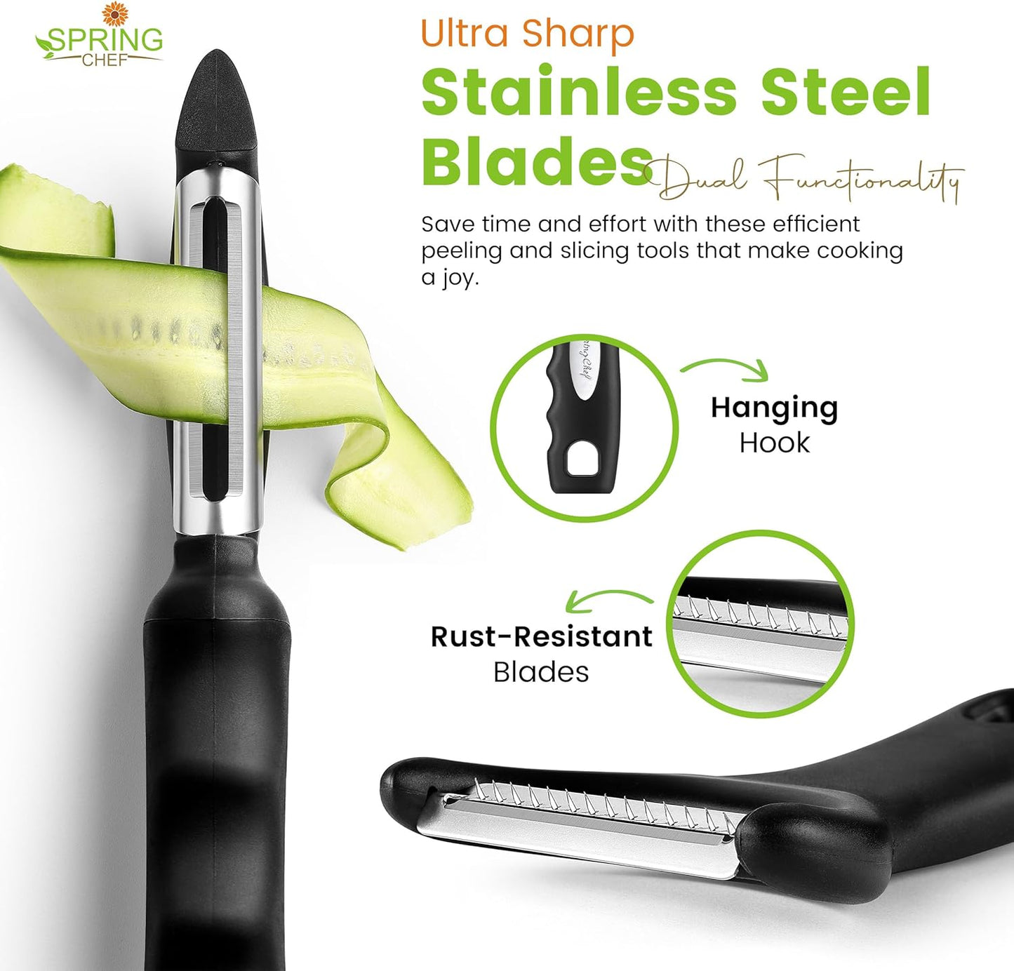 Spring Chef Swivel & Vegetable Julienne Peeler Set for Kitchen with Stainless Steel Sharp Blades - Potato Peelers with Soft Grip Handles & Blade Covers - Perfect for Carrot, Zucchini, Cucumber - Black