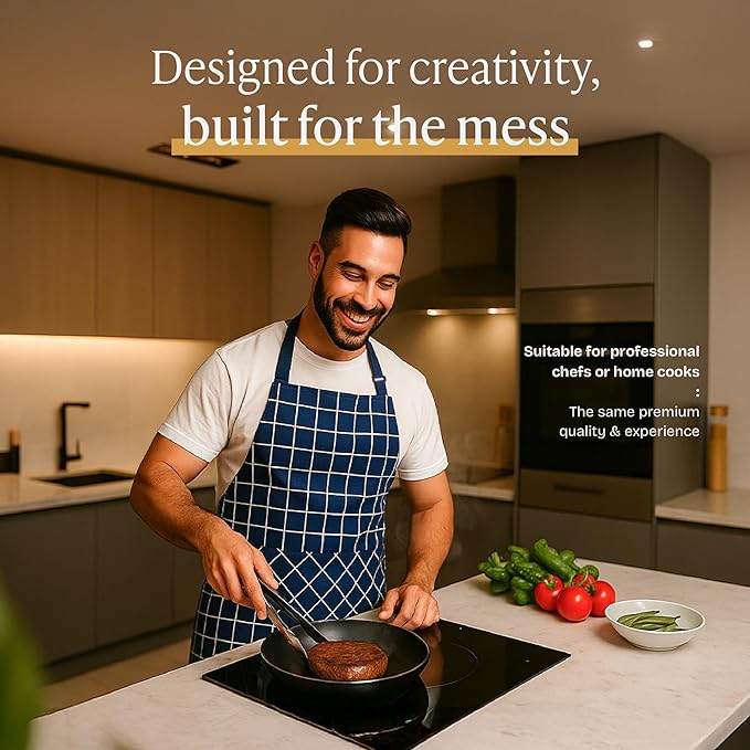 Will Well Kitchen Apron for Men and Women - 33" x 27" Oil-and-Water-Resistant with Adjustable Neck Strap and 38" Waist Ties for a Snug Fit, Lightweight with 2 Front Pockets - 1-Pack, Navy Checkered