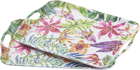 Blue Boat 16.5" x 11.5" Rectangular Serving Trays Set of 2 Floral, Light Weight Easy to Clean Sturdy Stackable Melamine Serving Tray with Handle, Fruit, Snacks, and Desserts Trays