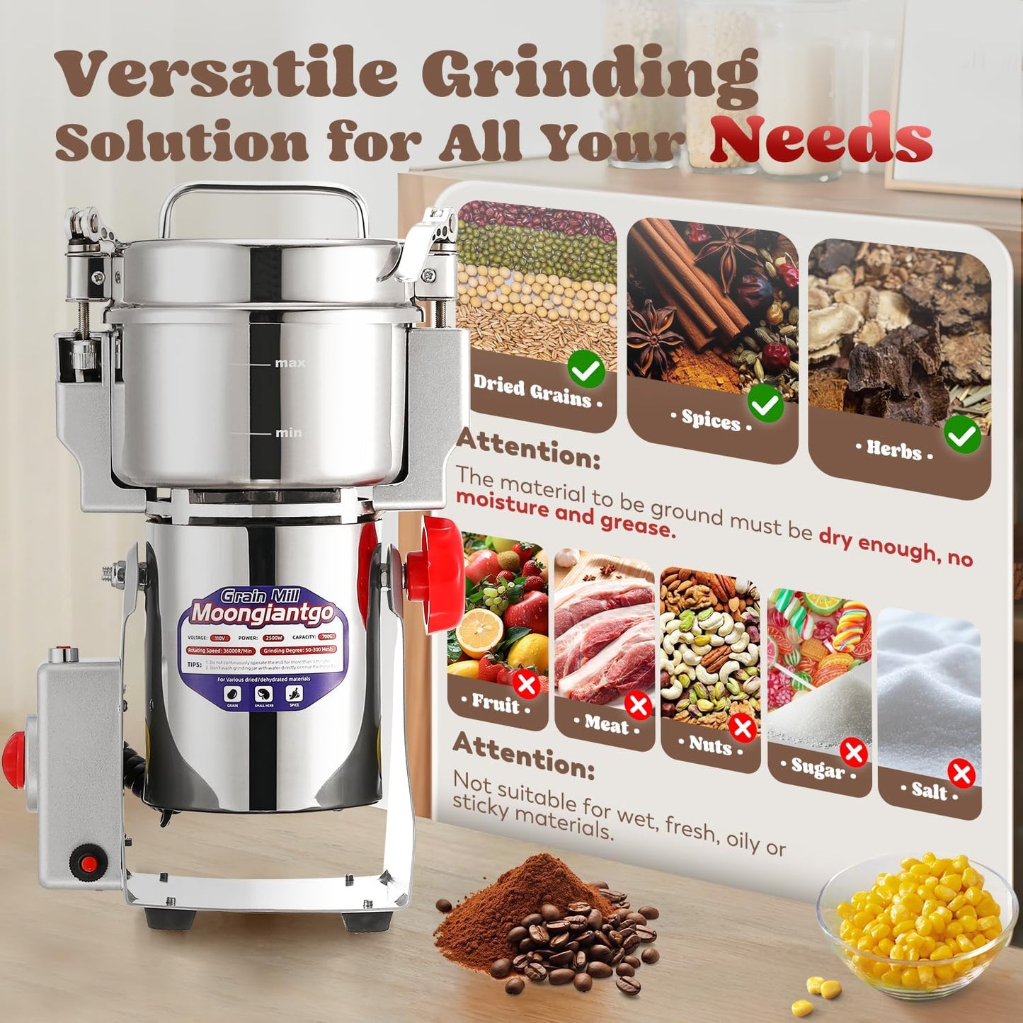 Moongiantgo 700g Grain Mill Grinder Commercial Spice Grinder 2500W Stainless Steel Electric Pulverizer Dry Grinding Machine for Wheat Corn Rice Pepper Herbs Coffee Beans (700g Swing, 110V)