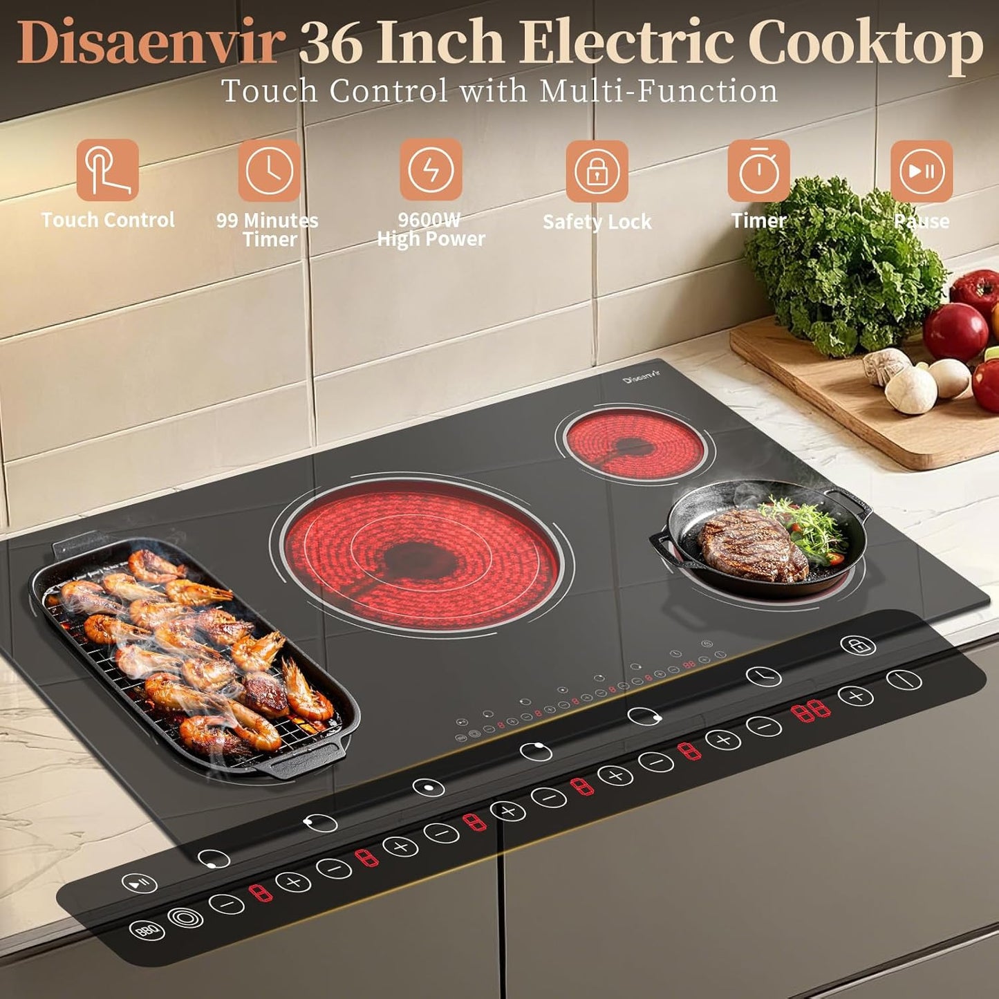 36 Inch Electric Cooktop - 5 Burner Electric Stove Top Powerful 9600W, 36 Inches Built-in Ceramic Stove with Large 3900W Flexible Zone, Timer, Safety Lock, 220V - 240V Hard Wired (No Plug)