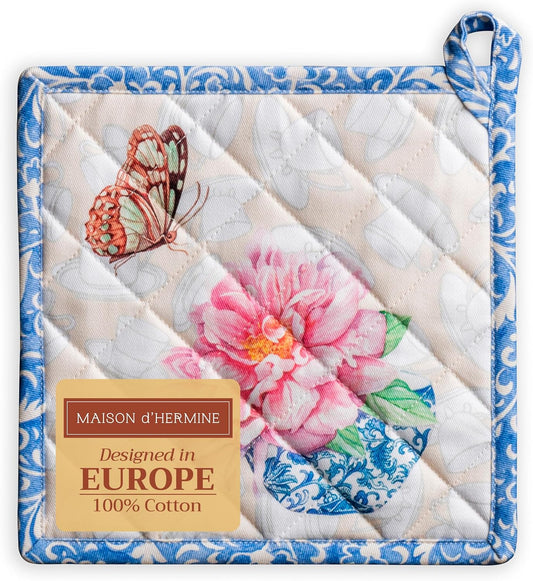 Maison d' Hermine Pot Holders 100% Cotton Heat Resistant Potholders 8" x 8" Hot Pads with Loop BBQ, Cooking, Baking, Grilling, Kitchen, Handling Hot Pans Spring/Summer (Pack of 1, Canton)
