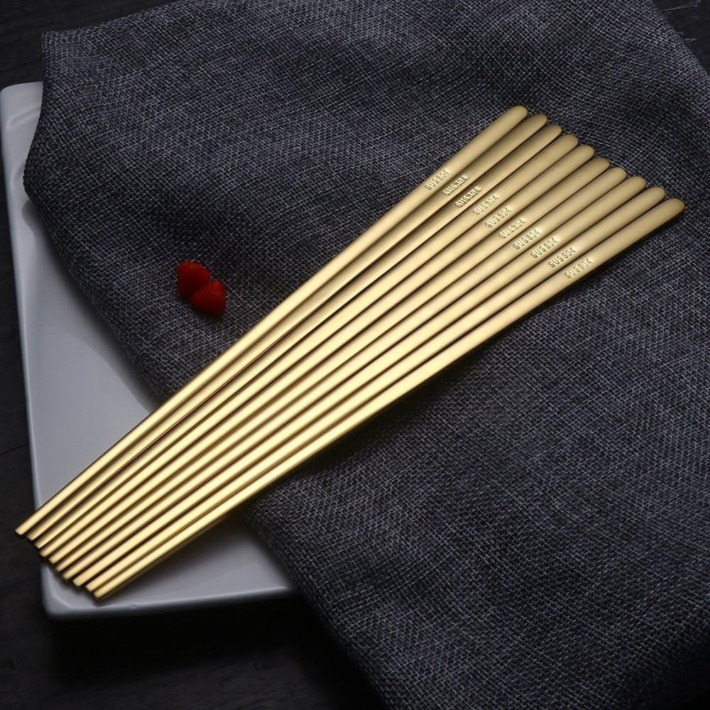 Buyer Star 5 Pairs Gold Flat Chopsticks - Reusable Metal Stainless Steel Chinese Chopsticks Set with Case