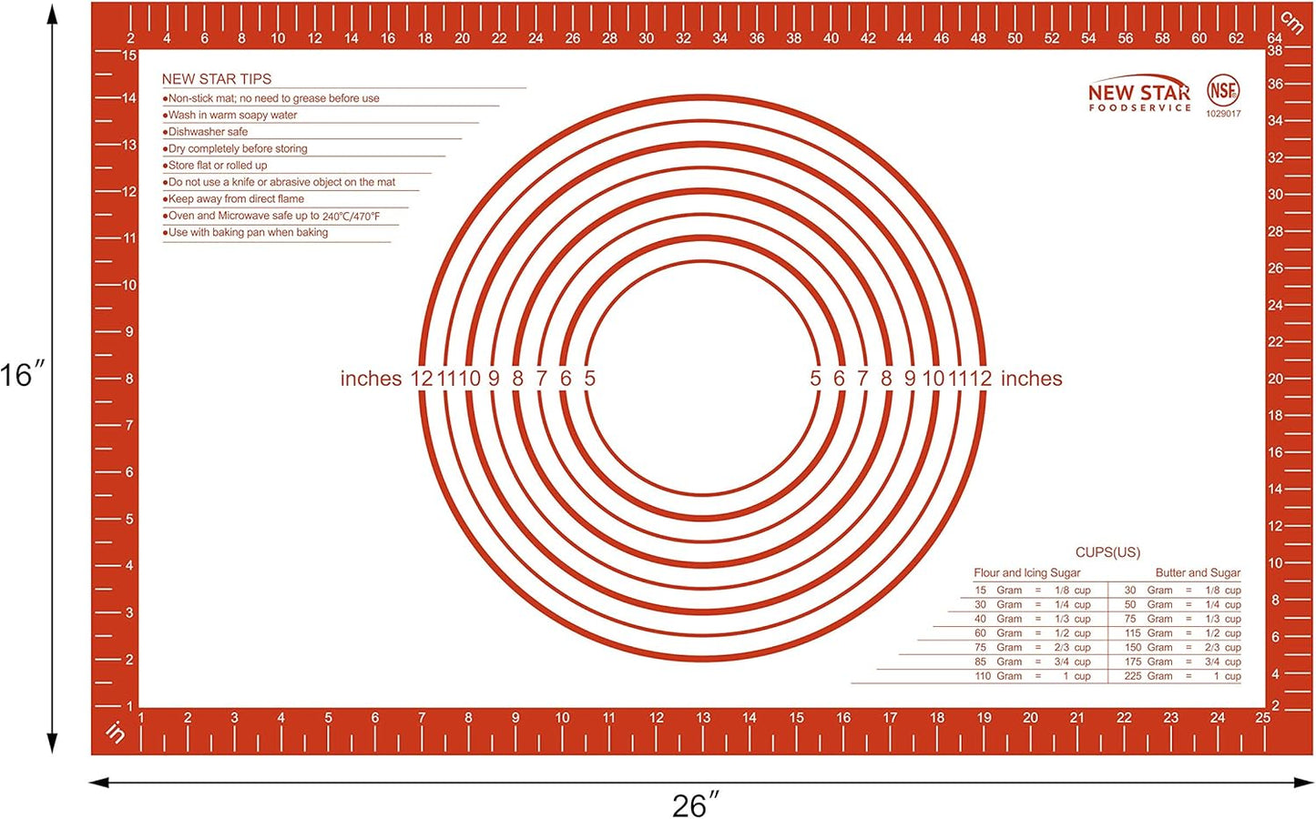 New Star 1029017 Non-Slip Silicone Pastry Mat, Extra Large with Measurements, 16x26'', NSF Certified