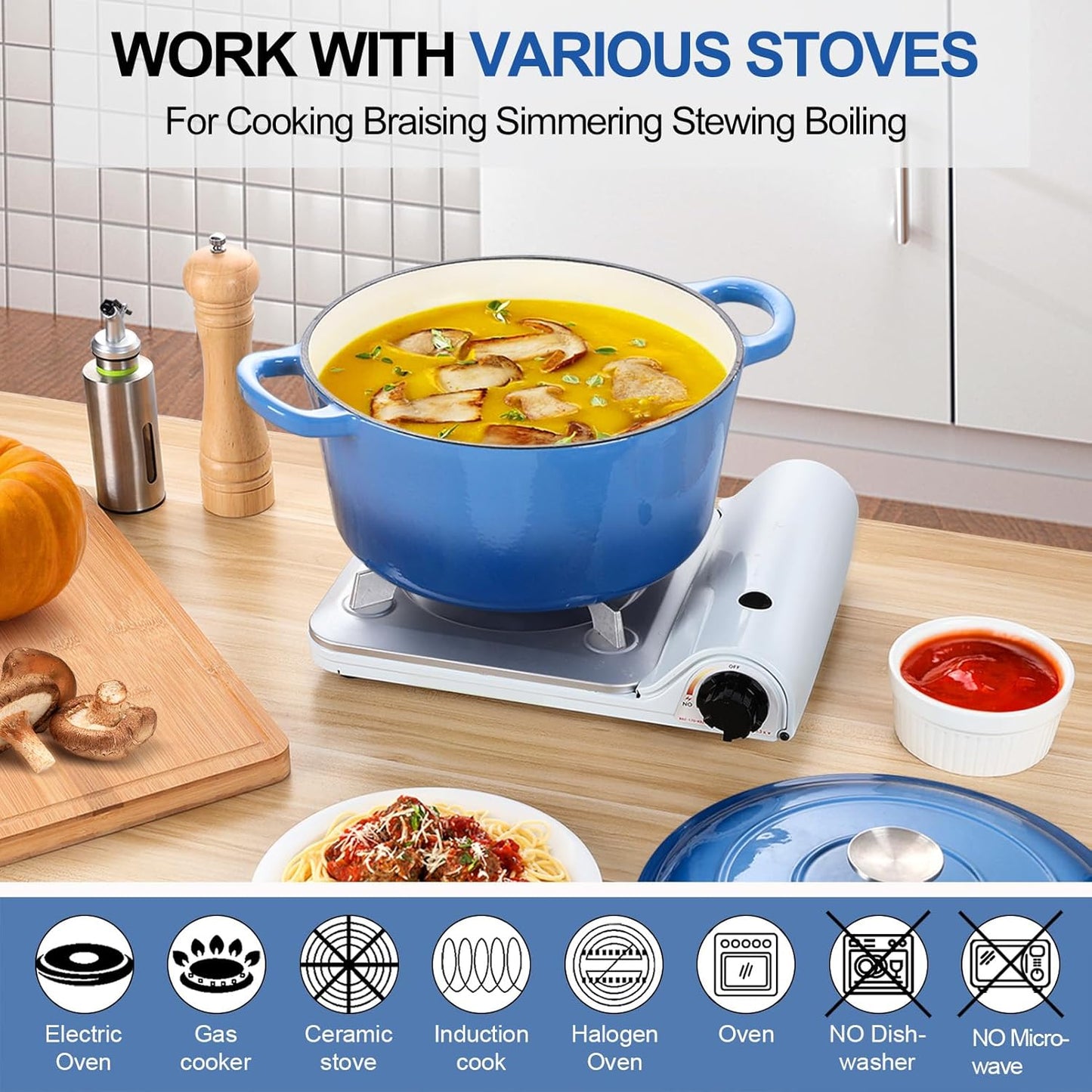 P&P CHEF 7QT Enameled Dutch Oven, Cast Iron Dutch Oven Pot with Lid for Bread Baking, Enameled Casserole Pot for Roasting Braising Stewing Frying Simmering, Various Stoves & Easy Clean, Blue