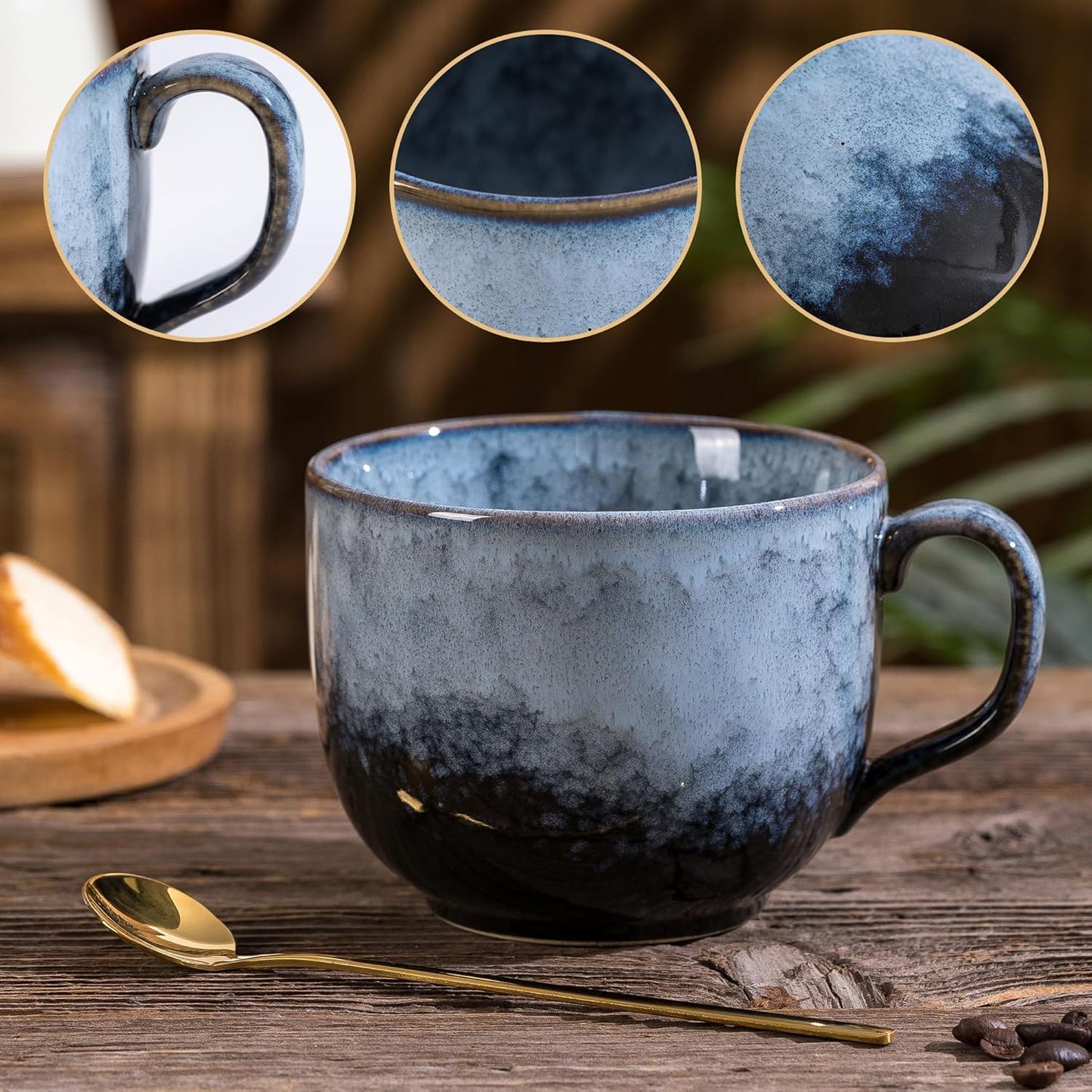 Coffee Mug Set of 4 - Ceramic 15 oz Coffee Cup with Handle, Large Stoneware Cups for Tea Milk Latte Cappuccino, Unique Hand-Painted Mug for Men Women Office Work (Marble Gray)