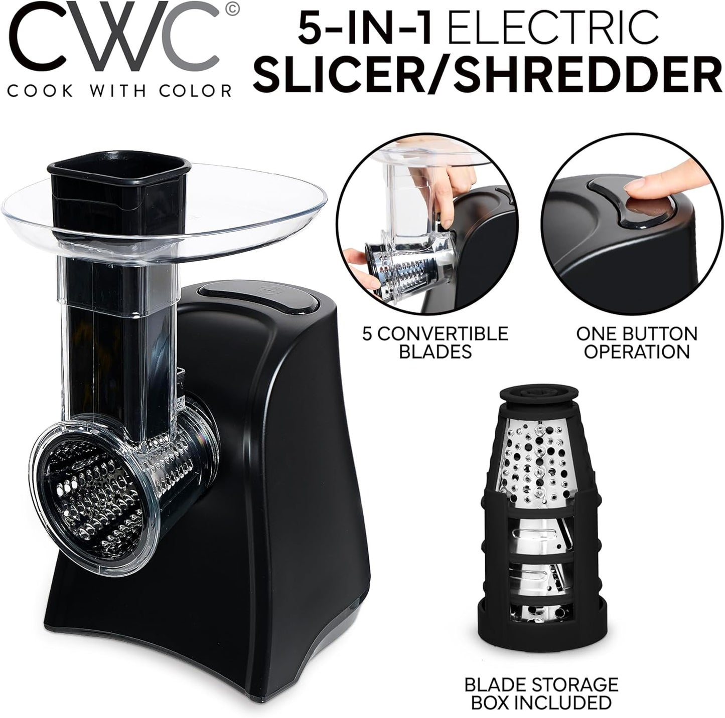 COOK WITH COLOR 5-in-1 Electric Slicer, 150W Food Prep Machine – Cheese Shredder, Fine & Coarse Graters, Potato Grater, Vegetable Slicer, Fruit, Salad Shooter, Compact Design for Bowl Prep, Black